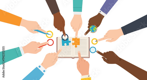 Diverse Hands Collaborating on Global Knowledge, Education, and Problem-Solving Around a Book