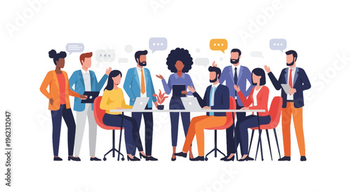Diverse Business Team Collaboration Meeting Illustration with Speech Bubbles - Modern Office Workforce Discussing Ideas and Strategy