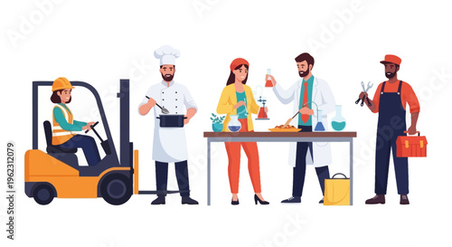 Diverse Professional Occupations: People working as Forklift Operator, Chef, Scientists, and Mechanic in modern flat vector art.