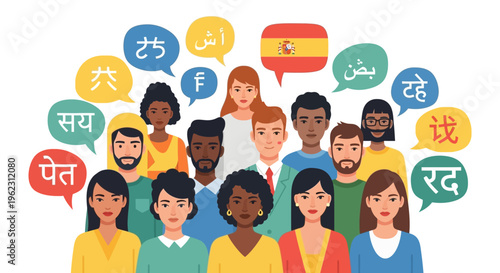 Diverse Group of People with Speech Bubbles Representing Various Languages and Cultures, Global Communication and Multilingualism Concept