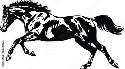 A black and white vector illustration of a running stallion silhouette isolated on a white background representing a wild equine animal in motion