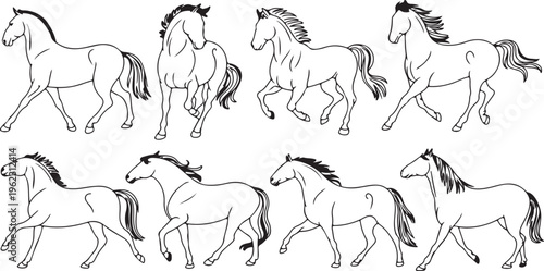 Horse Sketches Set Doodle Outline Drawings Hand Drawn Equine Animals Running Standing Jumping Foals Contour Vector Illustration