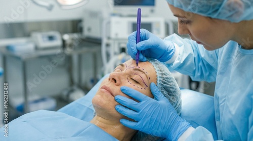 Surgeon Marking Woman's Face for Plastic Surgery Procedure in Operating Room