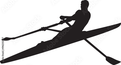 Dynamic silhouette of an athlete powerfully rowing a scull, embodying strength and competitive spirit in water sports