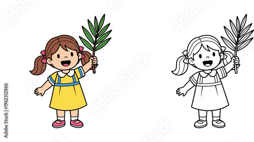 Happy Little Girl Holding a Palm Leaf - Palm Sunday and Springtime Joy