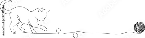 minimalistic continuous line drawing of cat playing with ball of wool, line art vector illustration