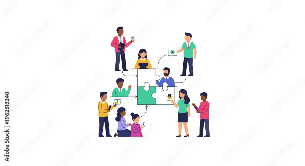 Fototapeta premium Diverse Team Collaboration Solving Puzzles. Business people working together on strategy, problem-solving, and project development concept.