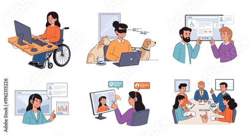 Disability Inclusion & Digital Accessibility Concepts. Diverse people working, communicating, and collaborating with assistive tech and support systems.