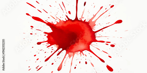 A red paint splash and blood drop create a grunge texture with ink splatters and liquid drips in this red color stain vector illustration for art or crime design