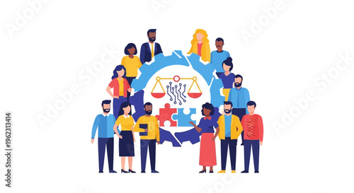 Diverse Global Team with Technology, Justice Scales, and Puzzle Pieces: Collaboration & Ethical Integration.