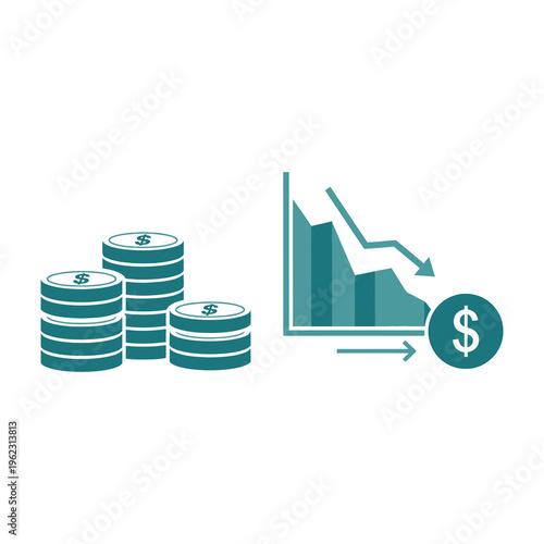 Stacks of coins with dollar signs declining financial graph and currency symbol illustration