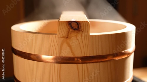 Close up of a steaming wooden bucket with copper accents, evoking a sense of traditional bathing and relaxation