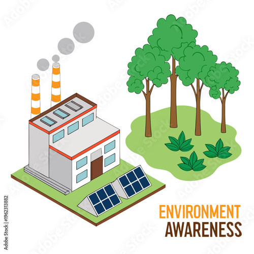 Environment awareness concept with factory and solar panels next to trees on green grass