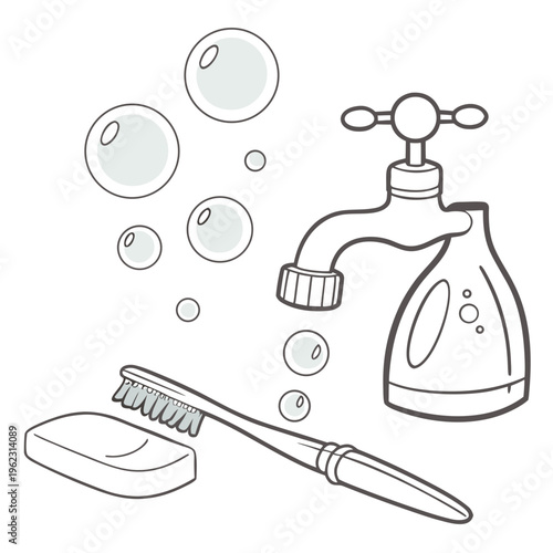 A line drawing of a toothbrush, toothpaste, soap and bubbles