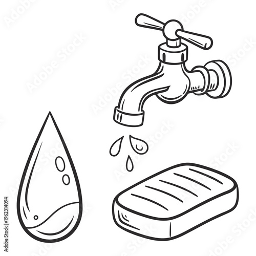 Black and white illustration of a faucet with water droplets and a bar of soap