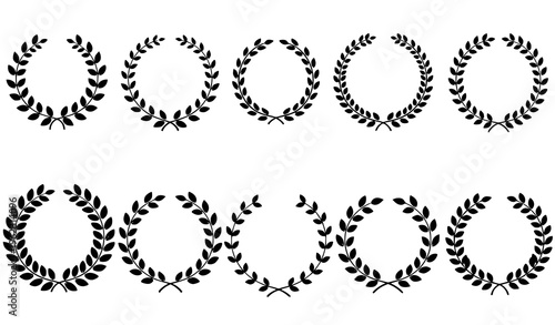 Black circular laurel wreath set foliate branches vector illustration award emblem design