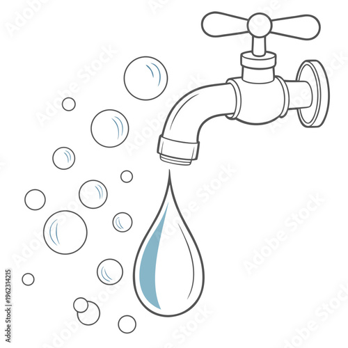 Vector illustration of a faucet with water droplets and bubbles