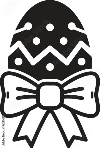 Decorated easter egg with festive ribbon bow black icon flat vector design.