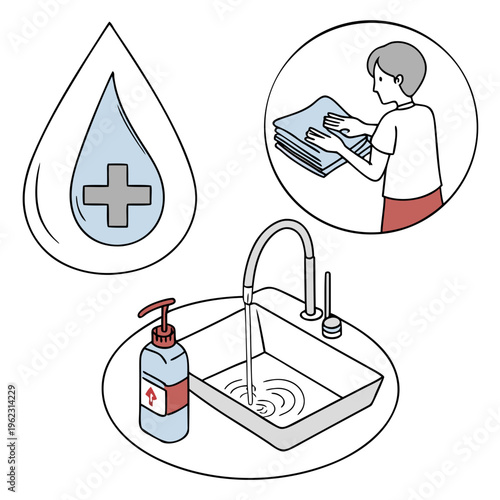 An illustration showing proper hand washing and hygiene practices with soap and water