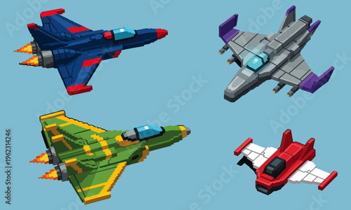 Four colorful toy airplanes flying in the clear blue sky with various designs.