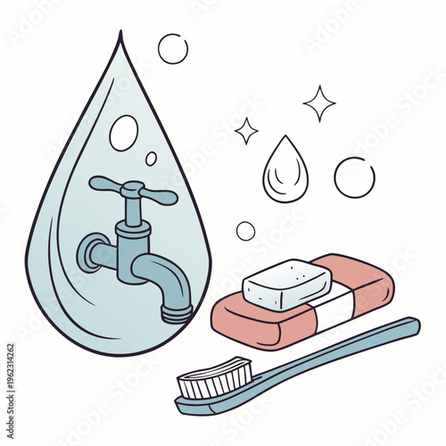 An illustration of a water drop with a faucet inside, a toothbrush, and bars of soap