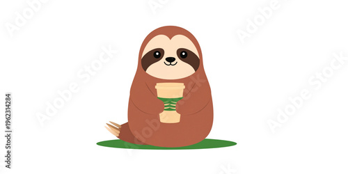 A cute cartoon sloth holding a rolled up green and beige document on a green patch on transparent background