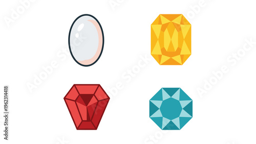 Four stylized gemstones with distinct colors and geometric shapes displayed in a grid.
