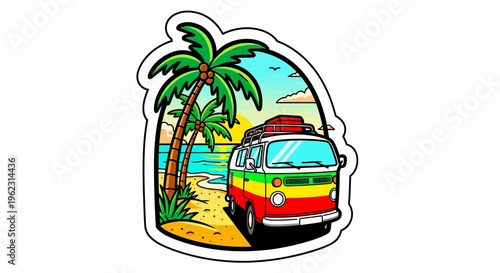 Retro van parked on a tropical beach at sunset with palm trees.