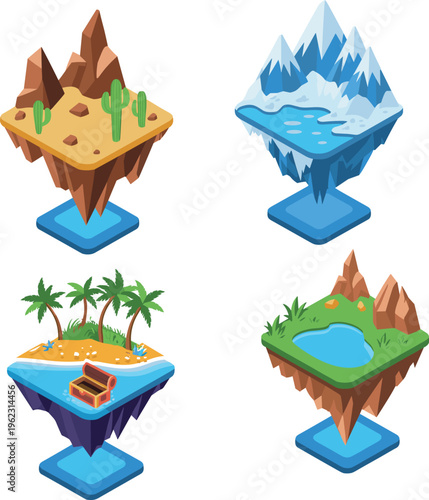 Set of isometric floating island icons featuring desert snow mountain tropical beach and green meadow landscapes for game level design,