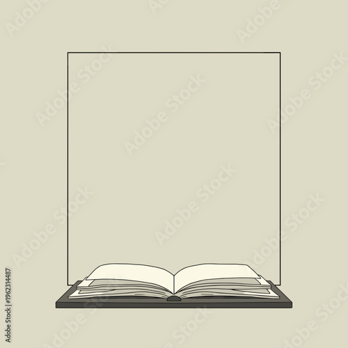open book on dark shelf within frame, minimalist illustration for reading blogs, library websites, literary event posters and education materials, with copy space