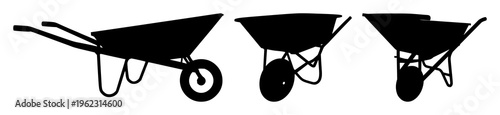 Wheelbarrow set with a solid dark silhouette profile featuring garden tool, construction equipment, handcart with single wheel and handles