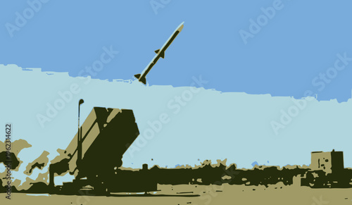 A missile launching from a ground-based launcher into a clear blue sky with distant structures.
