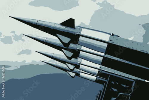 A stylized illustration of multiple missiles with pointed noses and fins, aimed upwards against a muted sky, suggesting military defense or offense.