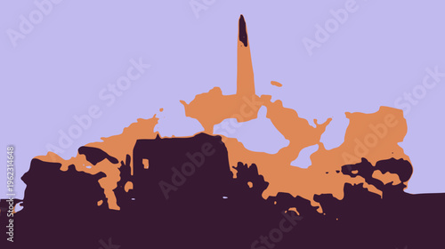 A stylized graphic illustration of a rocket launching into a purple sky with a large orange and brown exhaust plume.