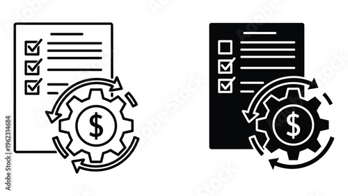 Black and white checklist with gear and dollar symbol