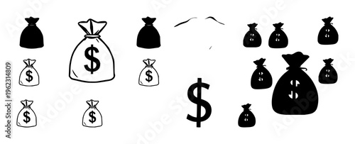 Money bag silhouette set with flat minimalist bright outline featuring finance, currency, wealth with graphic design and illustration