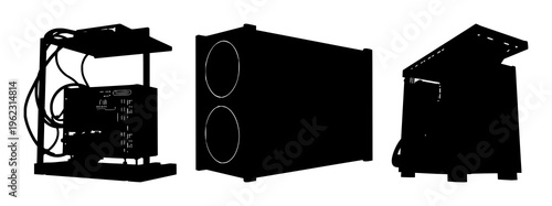 Crypto mining rig set with solid black silhouette on white background high contrast featuring crypto, mining, digital finance with infrastructure and technology