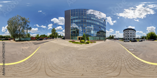 full seamless spherical hdr 360 panorama on crossroads street near multistory building area of urban development in sunny day in equirectangular projection, AR VR content
