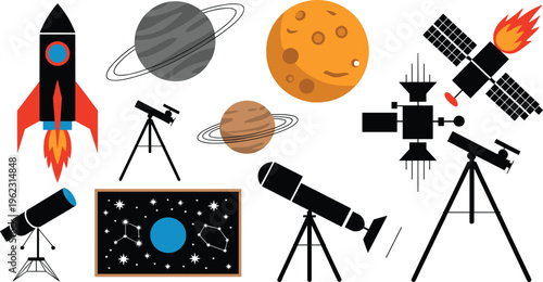 Space Exploration Vector Collection Rocket Planets Telescope Satellite Constellation Starry Sky Astronomy Science Education Clipart Isolated White Background