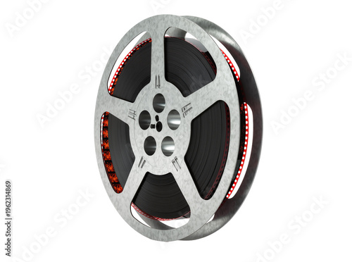 фотографія Isolated metal film reel with movie filmstrip inside, cinematic vintage entertai