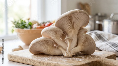 Fresh oyster mushrooms on a wooden cutting board in a kitchen
