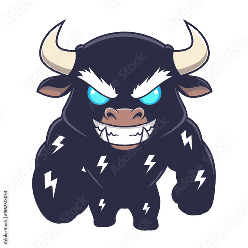 Cartoon Black Bull with Lightning Bolts.