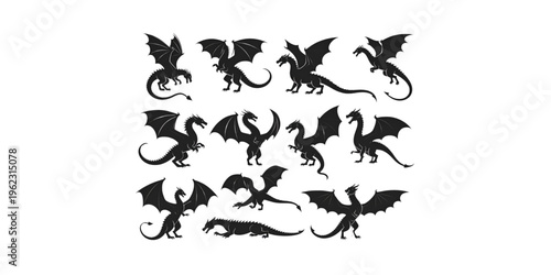 A set of black dragon silhouettes on transparent background