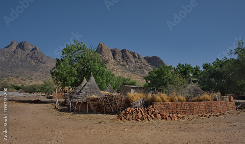 Mongo, Chad, February 26, 2026.  View of the conical huts of African villages built of baked clay bricks and roofs made of reeds and tree branches.
