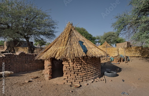 Mongo, Chad, February 26, 2026.  View of the conical huts of African villages built of baked clay bricks and roofs made of reeds and tree branches.
