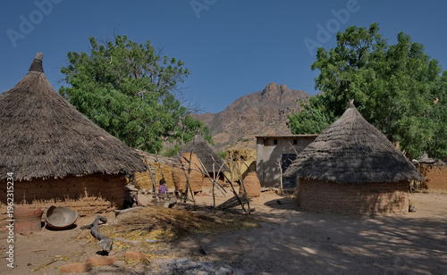 Mongo, Chad, February 26, 2026.  View of the conical huts of African villages built of baked clay bricks and roofs made of reeds and tree branches.