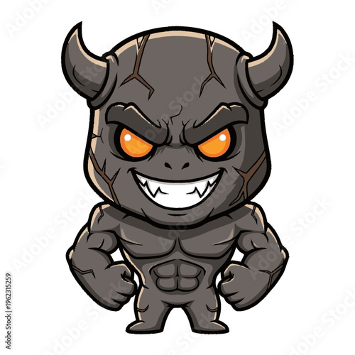 Cartoon Gray Monster with Horns and Sharp Teeth.