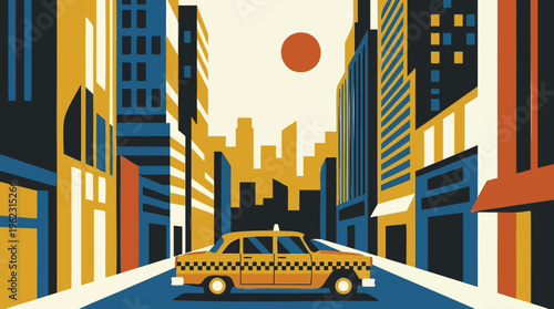 Graphic illustration of a city street with a yellow taxi, geometric buildings, and a sun, depicting urban travel