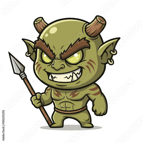 Cartoon Green Goblin Character with Spear.