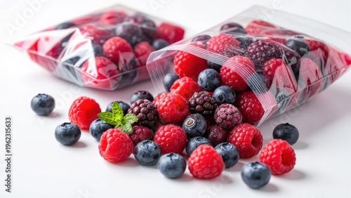 Fresh Mixed Berries with Raspberries, Blueberries, Blackberries in Plastic Bags on White Background